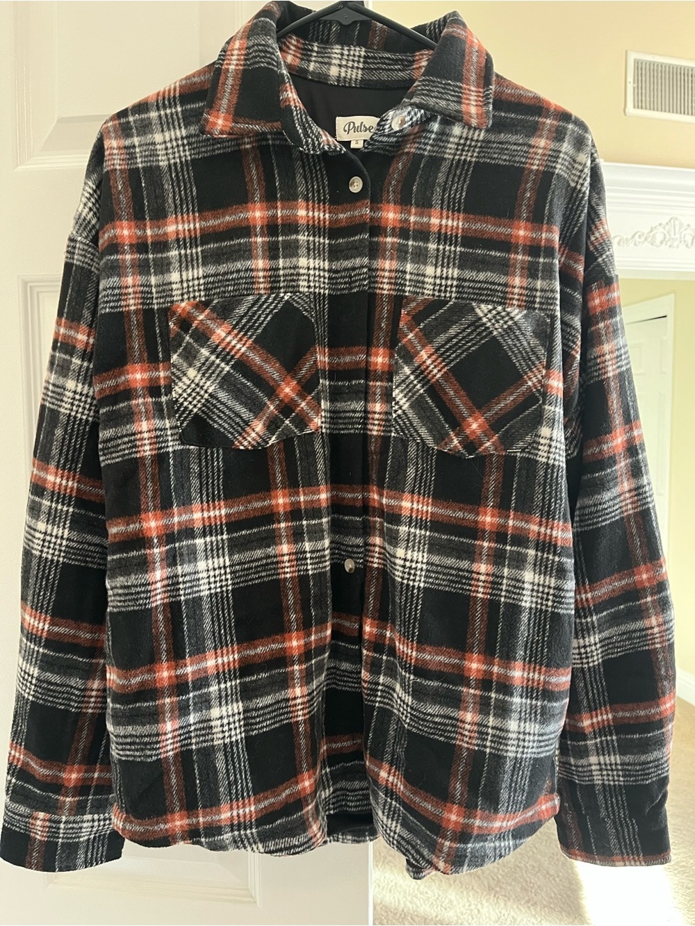Pulse Plaid Button-Up Shacket in Black, White & Rust